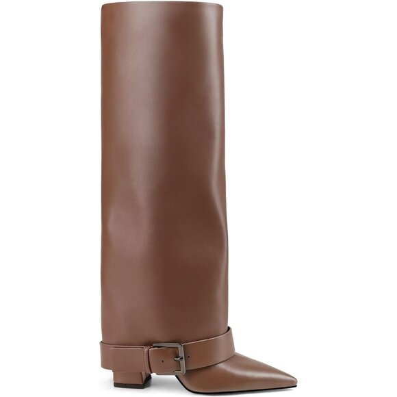 Women's Brown Wide Calf Pointed Toe Belt Buckle Knee High Fall Long Boot - Picture 4 of 6